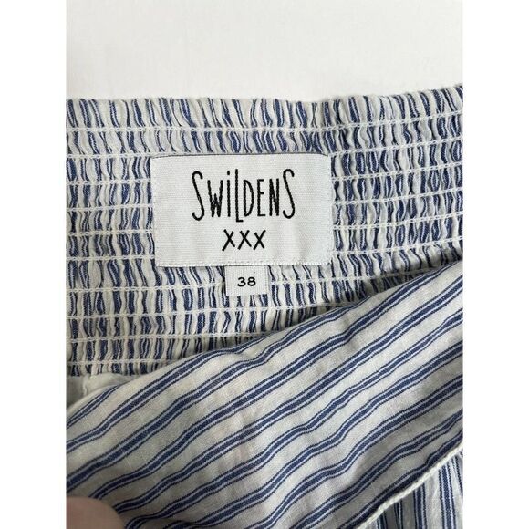 Swildens White Blue Striped A Line Skirt Size 38 Medium Elastic Waist Pocket - Picture 3 of 11